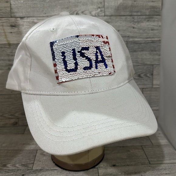 Fourth of July American flag sequins white baseball cap hat - Picture 2 of 7